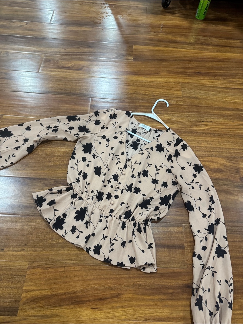 Women's Beige Floral Peplum Blouse - Black Print
